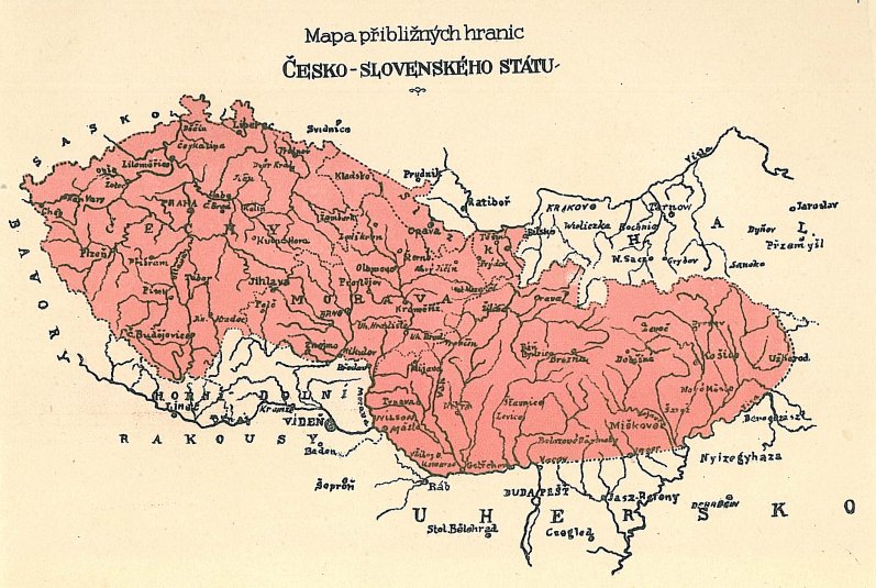 Mapa přibližných hranic ČESKO – SLOVENSKÉHO STÁTU