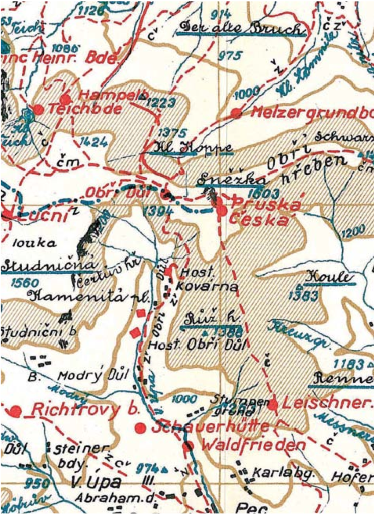 Mapa Krkonoš (výřez) z roku 1930 vydaná věstníkem Silniční Obzor, měřítko 1 : 75 000