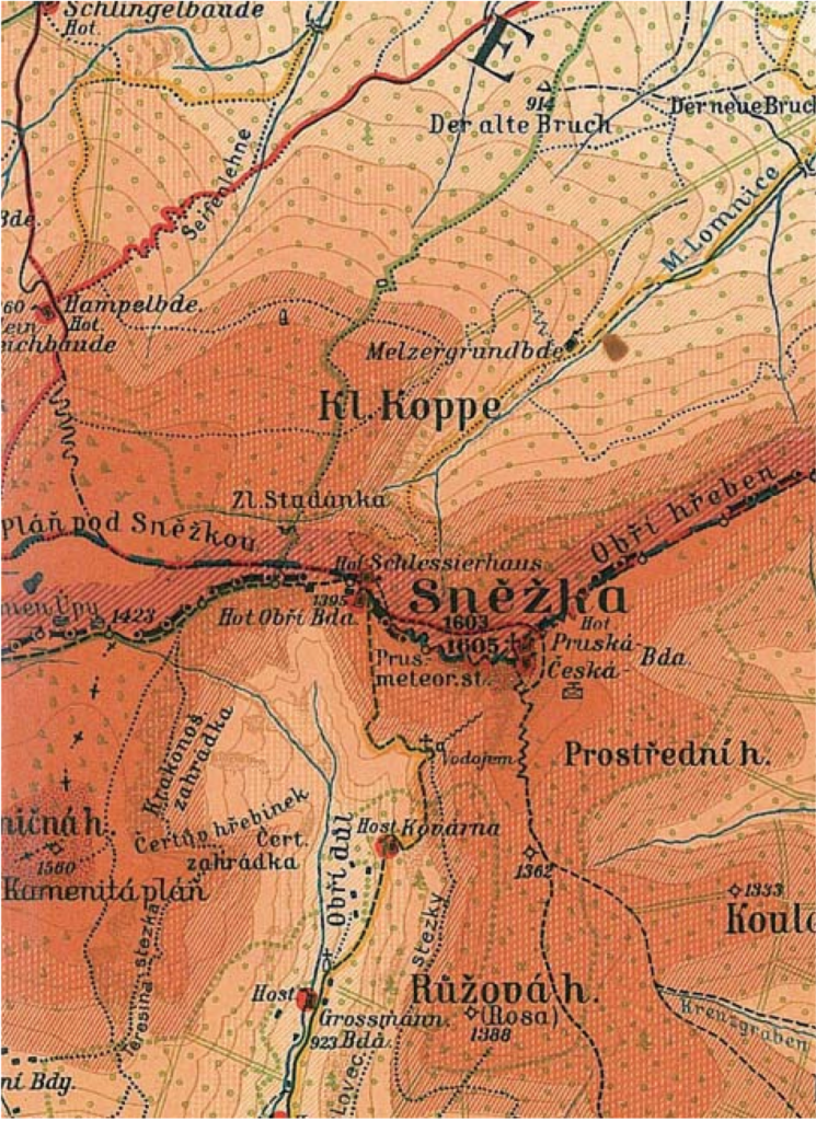 Mapa Krkonoš (výřez) neznámého data a původu, měřítko 1 : 50 000